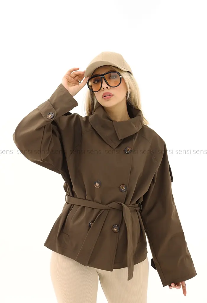 ترنچ کت یقه ایستاده کتان @کد1004288