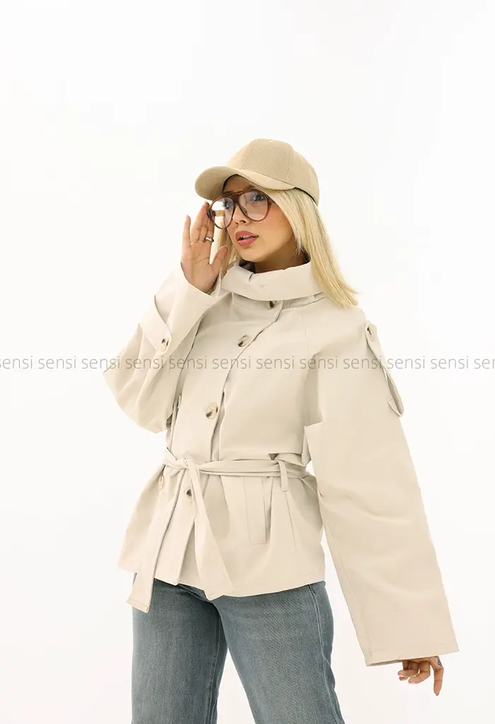 ترنچ کت یقه ایستاده کتان @کد1004288