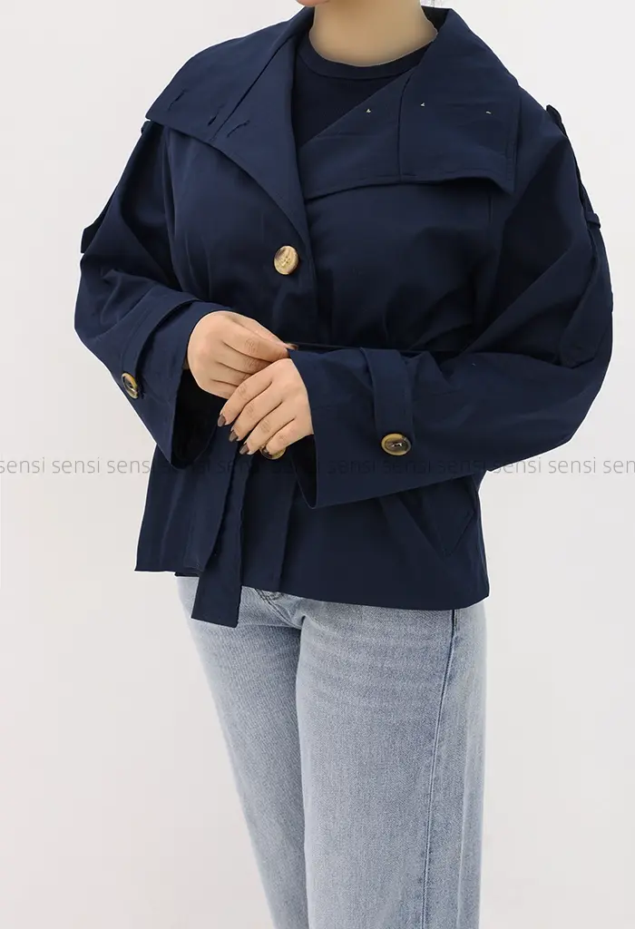 ترنچ کت یقه ایستاده کتان@کد1004635